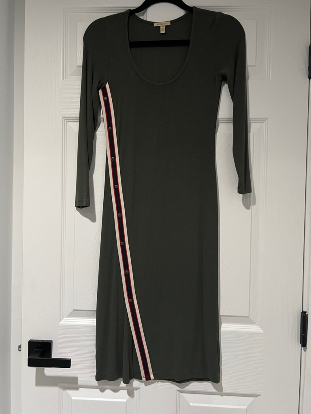Olive Green Long Sleeve Midi Dress with Side Stripe